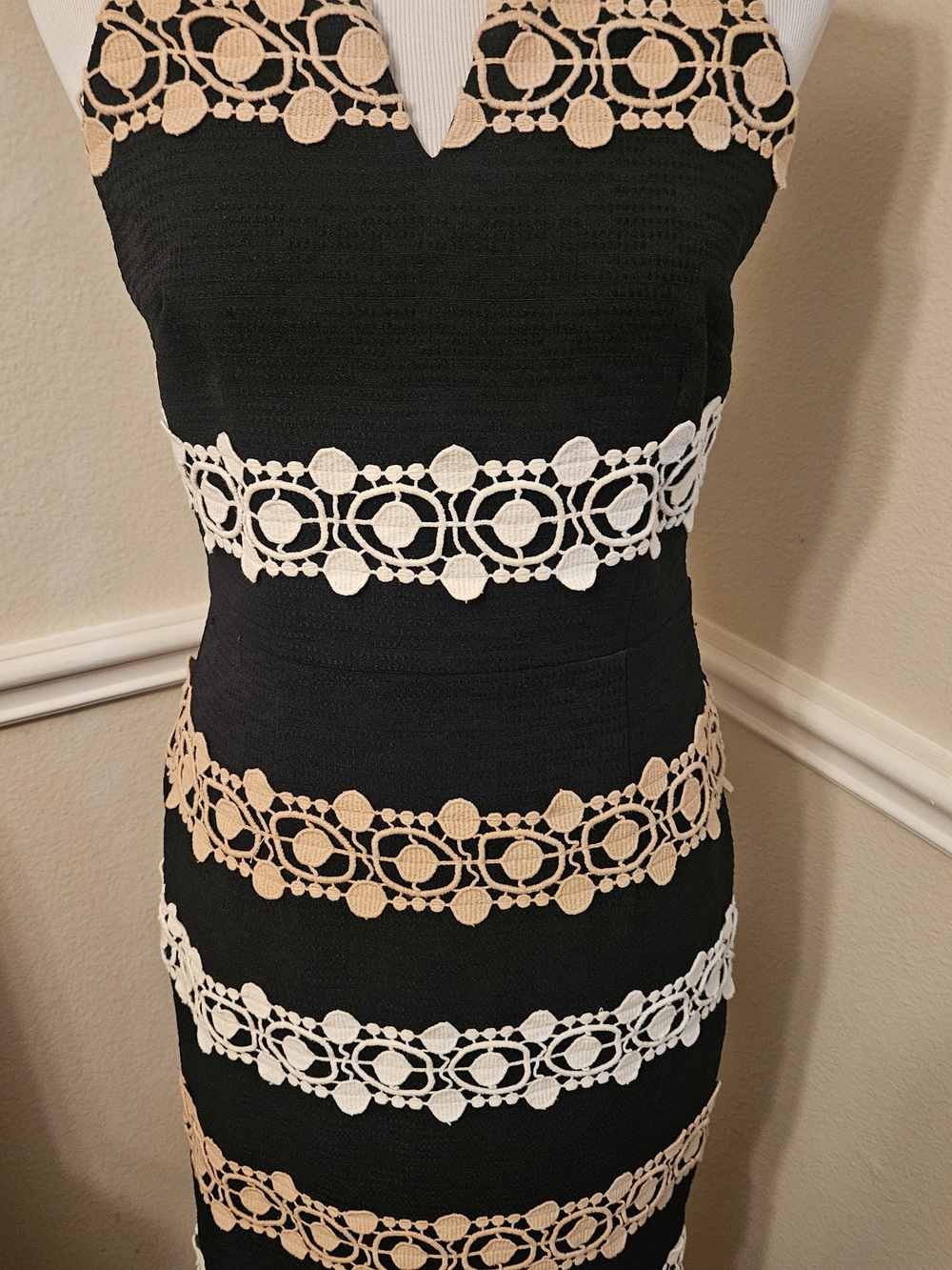 Sleeveless Black Midi Dress with Tan & White Lace Bands